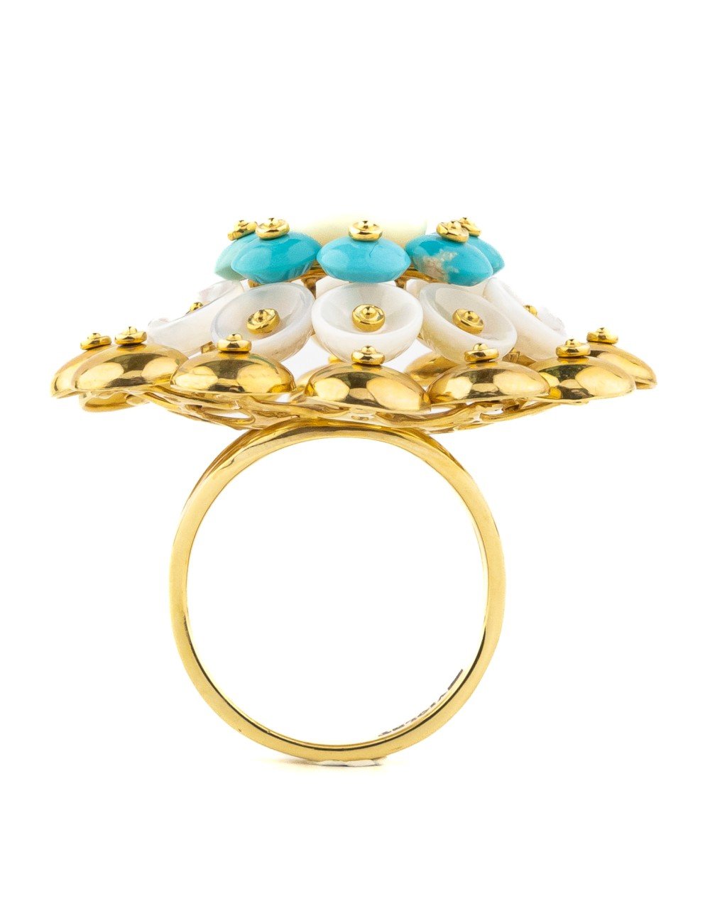 Кольцо из лимонного золота c бирюзой и перламутром