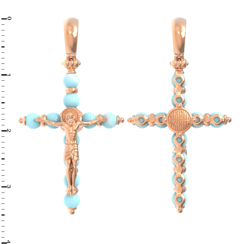 Крест из красного золота 585 пробы c бирюзой