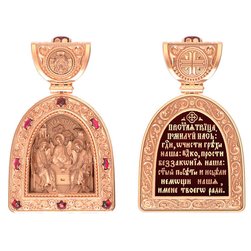 Нательная икона из красного золота 585 пробы c эмалью и рубином