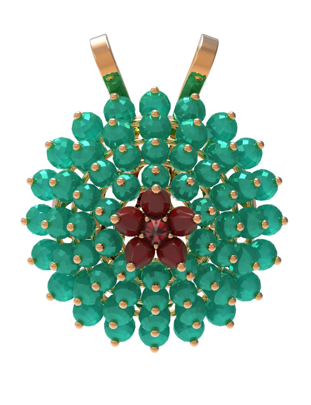 Подвеска из золота c гранатом, хризопразом и кораллом