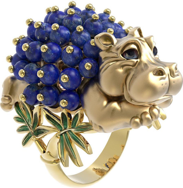 Кольцо из лимонного золота 585 пробы c эмалью и лазуритом