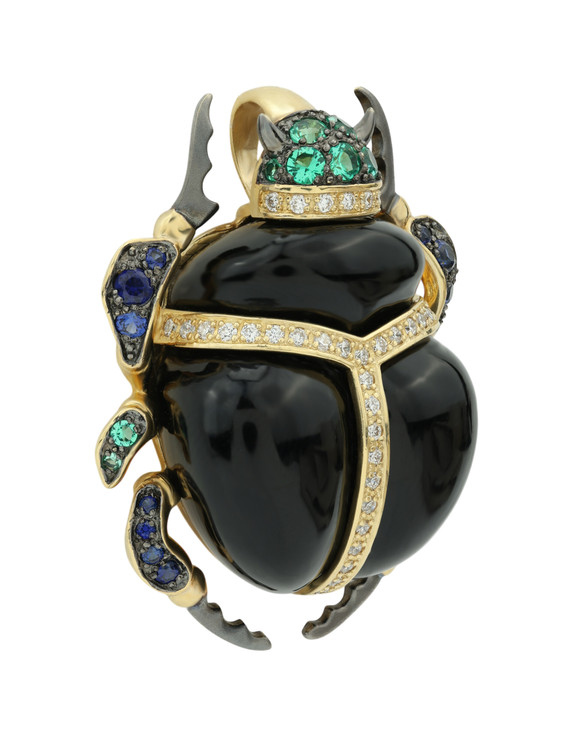 Подвеска из лимонного золота 585 пробы c бриллиантами, сапфиром, изумрудом, ониксом и изумрудом