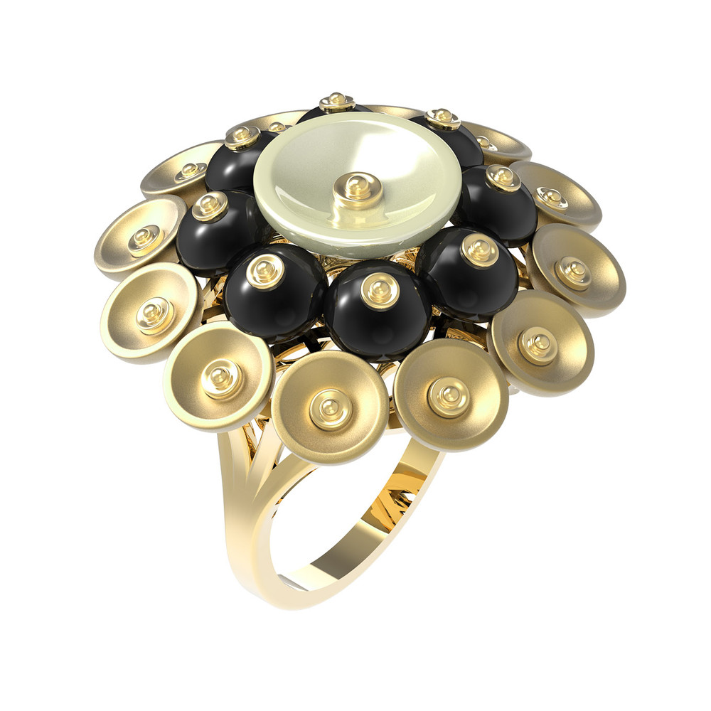 Кольцо из лимонного золота 585 пробы c ониксом и перламутром