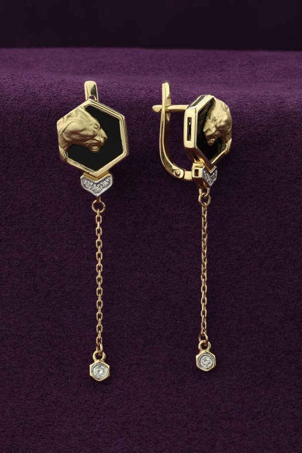 Серьги из лимонного золота 585 пробы c бриллиантами и ониксом