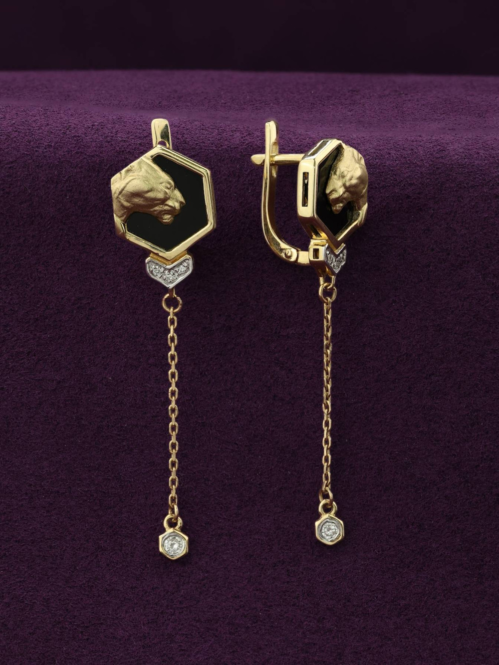 Серьги из лимонного золота 585 пробы c бриллиантами и ониксом