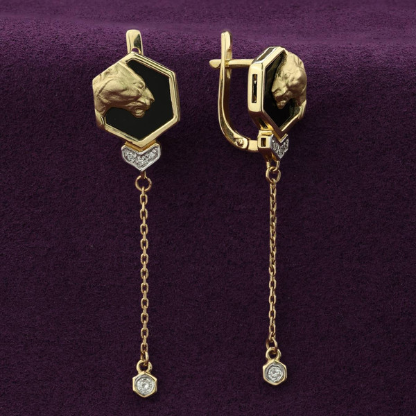 Серьги из лимонного золота 585 пробы c бриллиантами и ониксом