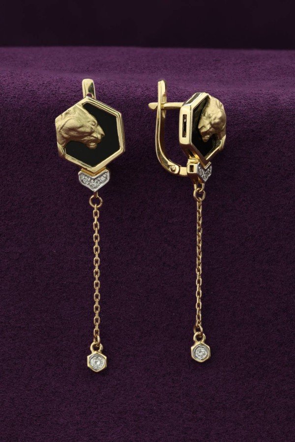 Серьги из лимонного золота c бриллиантами и ониксом