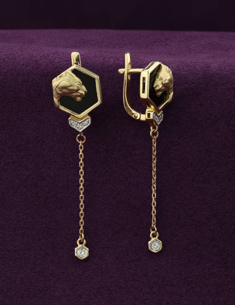 Серьги из лимонного золота c бриллиантами и ониксом