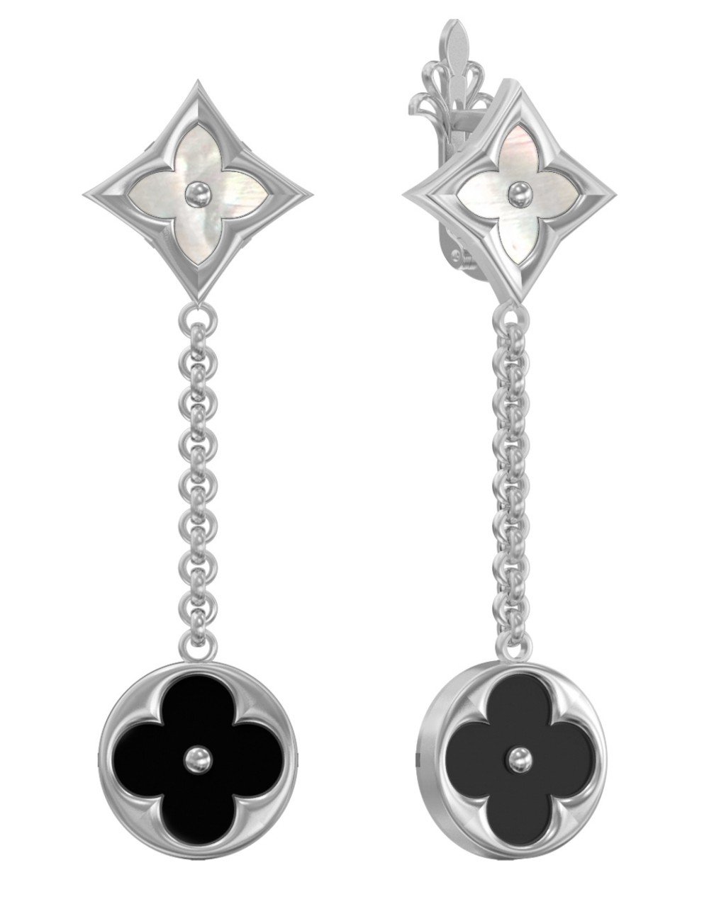 Серьги из белого золота c ониксом и перламутром