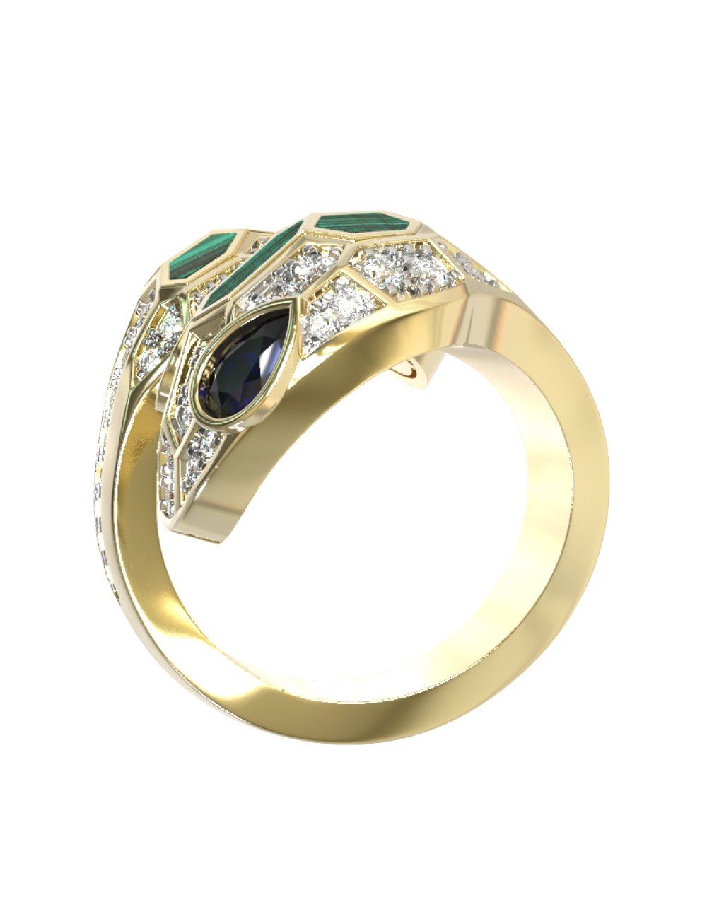 Кольцо из лимонного золота c бриллиантами, сапфиром и малахитом
