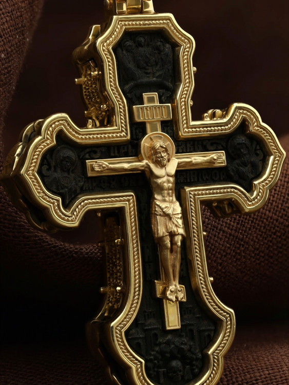 Крест из лимонного золота 585 пробы c эбеновым деревом