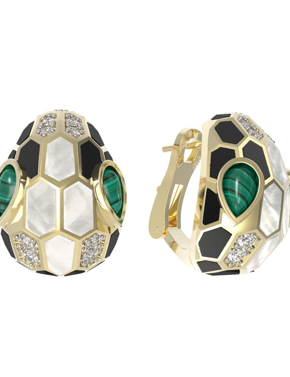 Серьги из лимонного золота c бриллиантами, рубином, ониксом, малахитом и перламутром