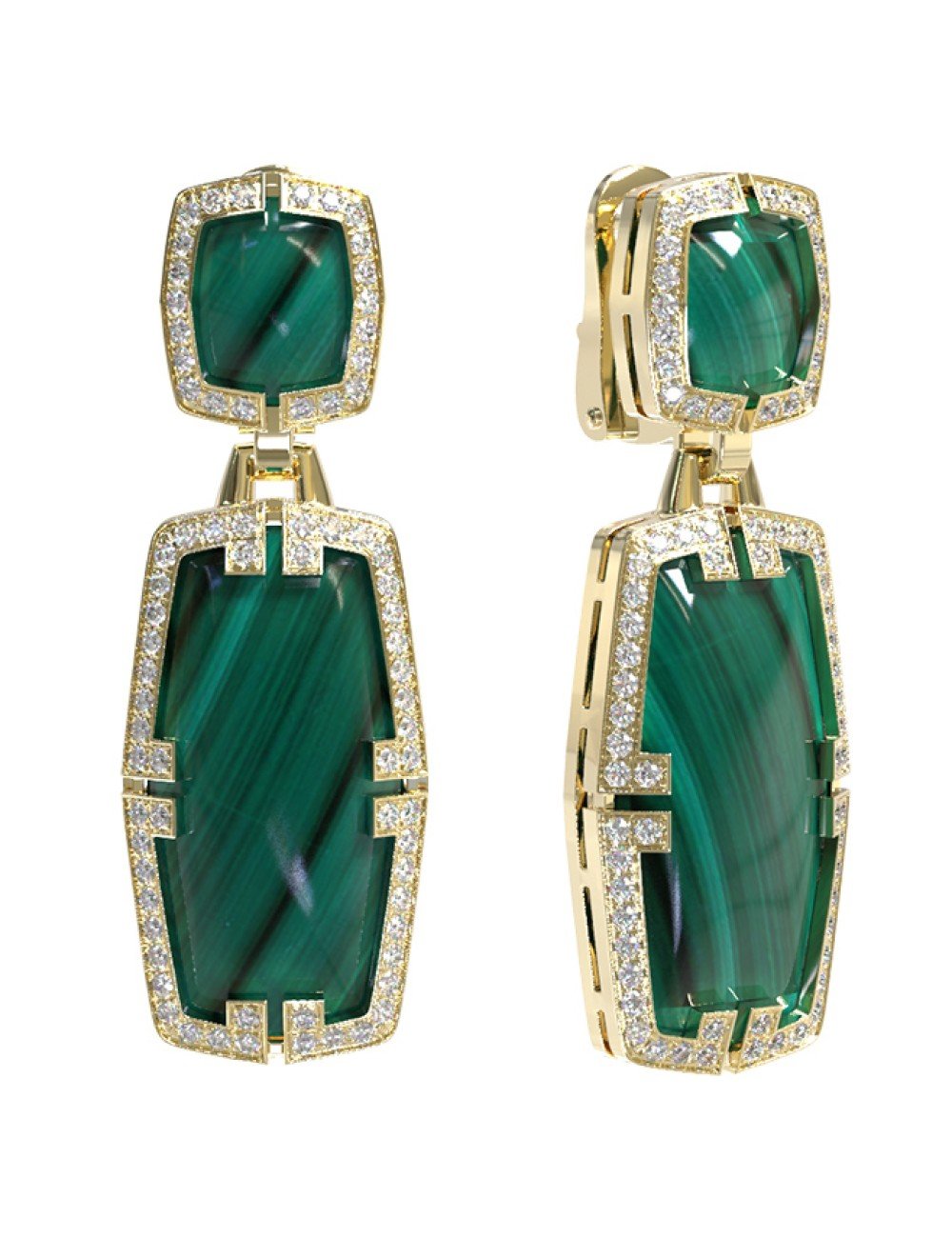 Серьги из лимонного золота c бриллиантами, рубином и малахитом