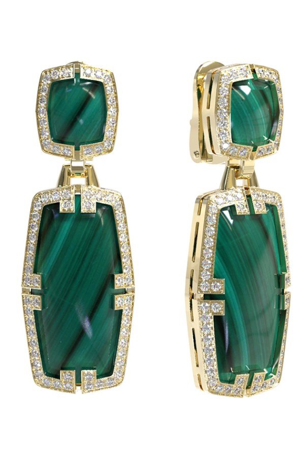 Серьги из лимонного золота c бриллиантами, рубином и малахитом