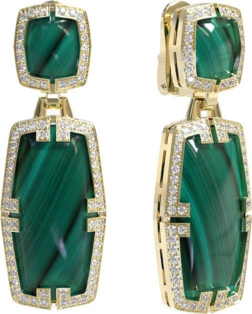 Серьги из лимонного золота c бриллиантами, рубином и малахитом