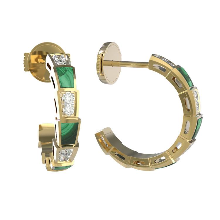 Серьги из лимонного золота 585 пробы c бриллиантами и малахитом