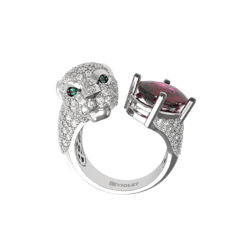 Кольцо из белого золота 585 пробы c бриллиантами, рубином и изумрудом