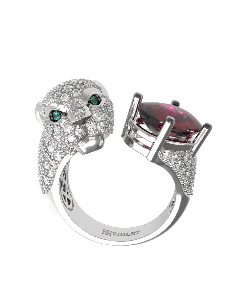 Кольцо из белого золота c бриллиантами, рубином и изумрудом