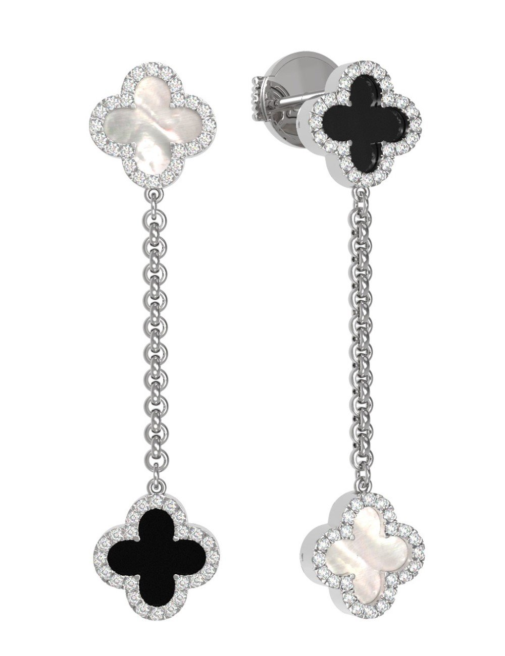 Серьги из белого золота c бриллиантами, ониксом и перламутром