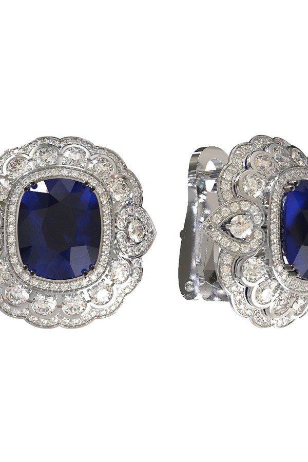 Серьги из белого золота c бриллиантами и сапфиром