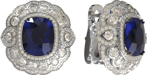 Серьги из белого золота 585 пробы c бриллиантами и сапфиром