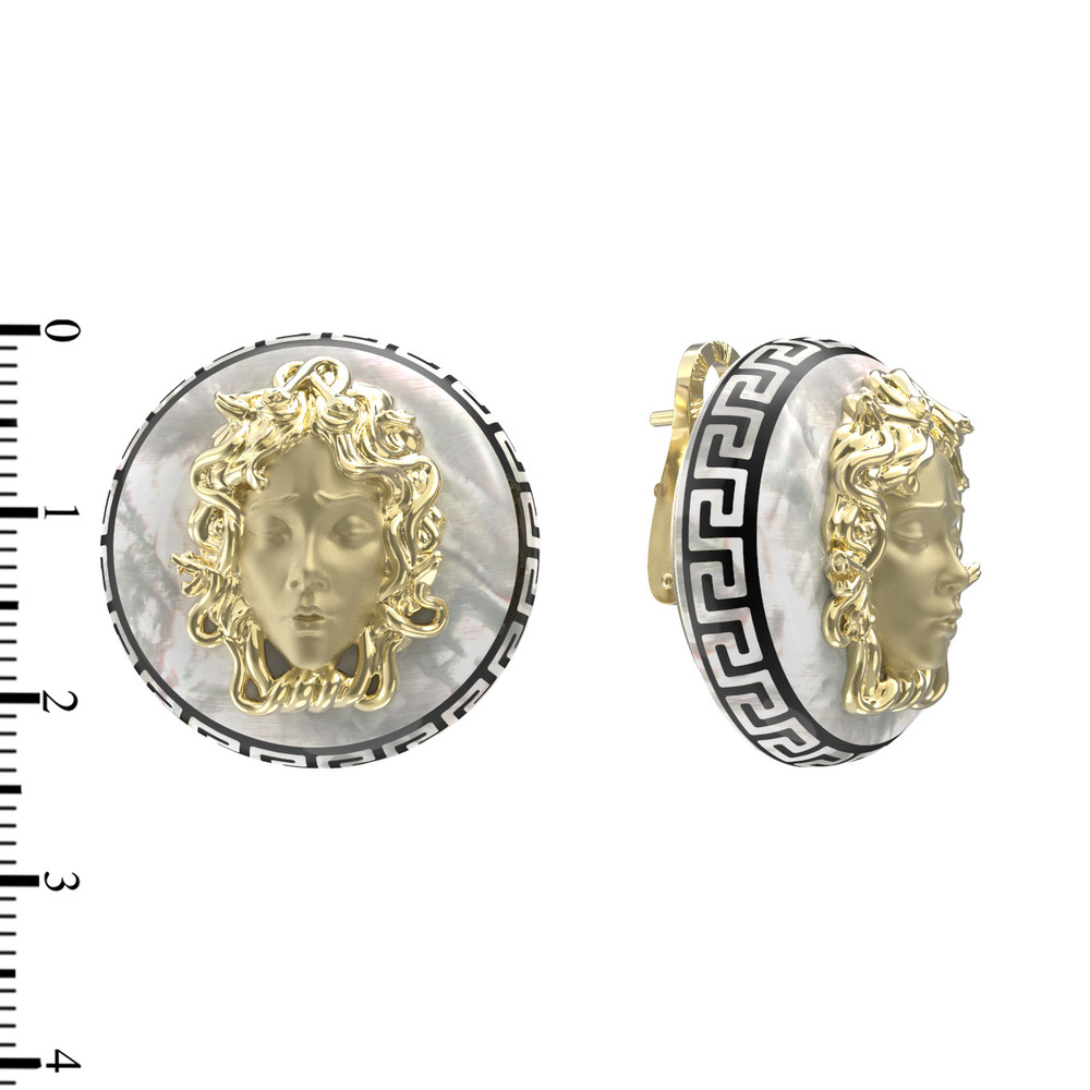 Серьги из лимонного золота 585 пробы c эмалью и перламутром