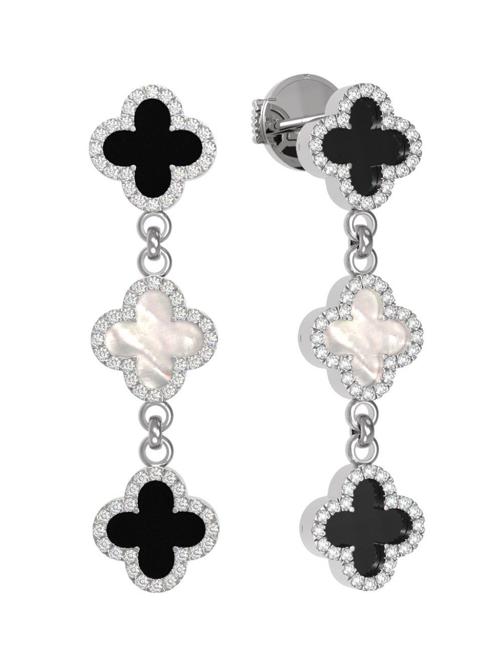 Серьги из белого золота c бриллиантами, ониксом и перламутром