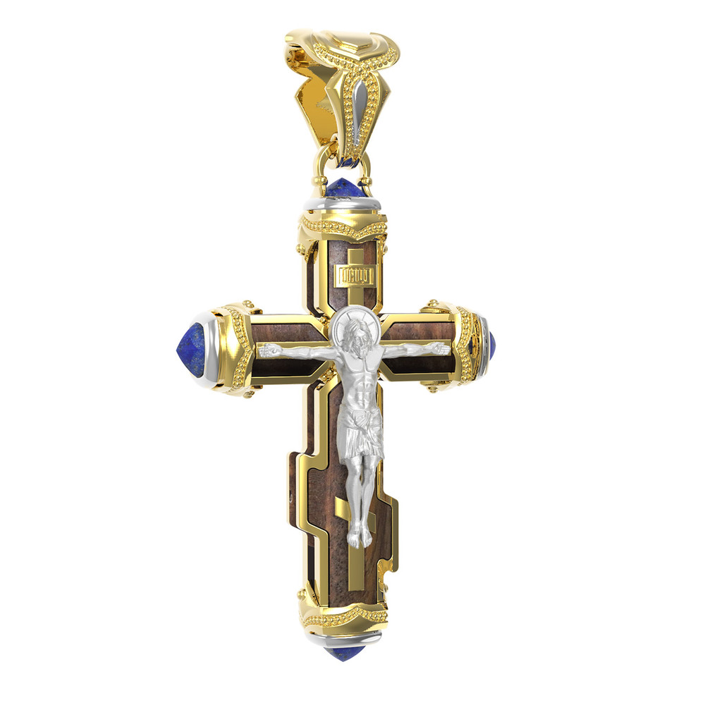 Крест из лимонного золота 585 пробы c лазуритом и железным деревом