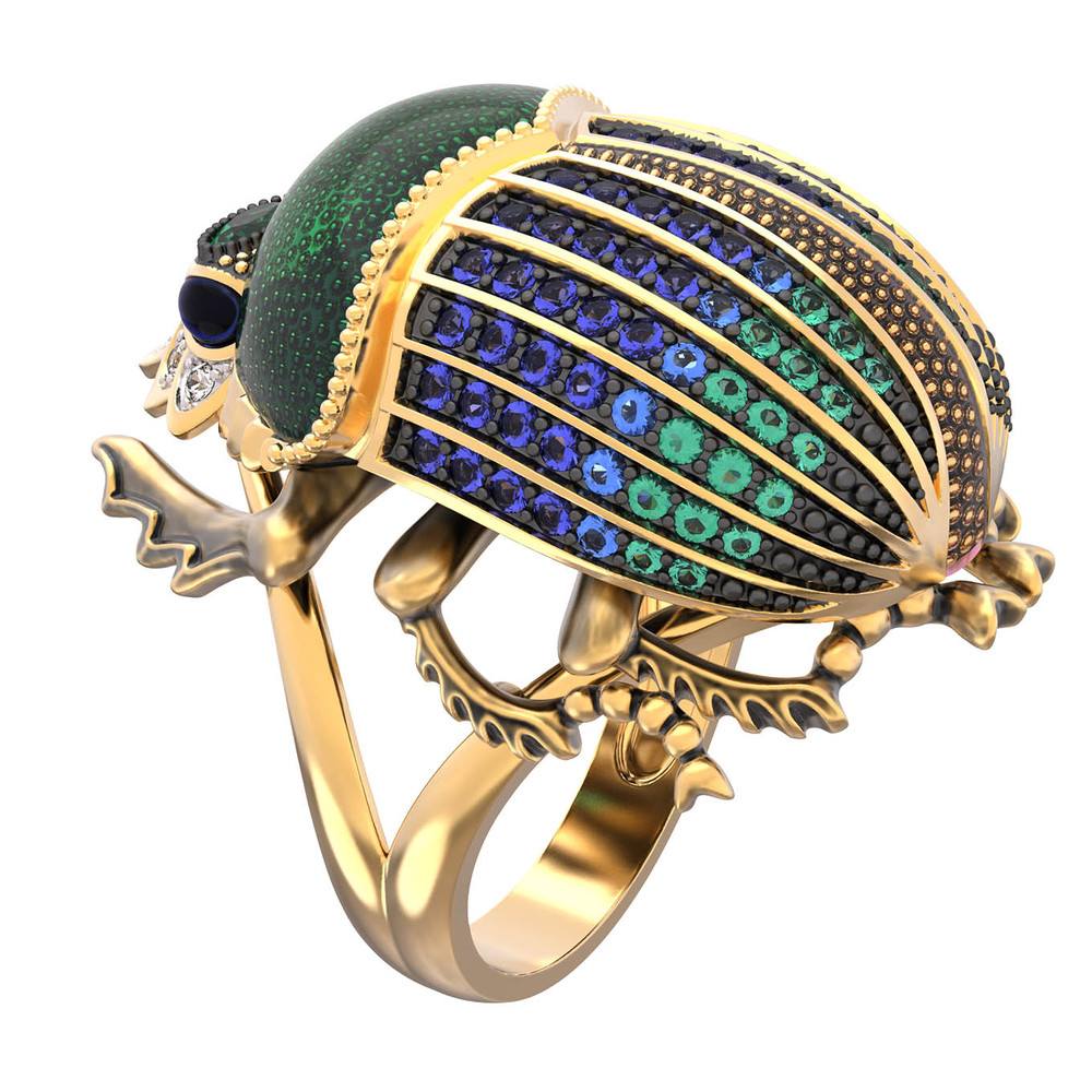 Кольцо из лимонного золота 585 пробы c эмалью, фианитом и турмалином