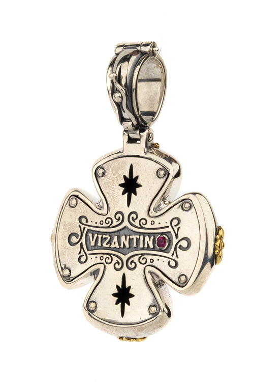 Крест из серебра 925 пробы и золота 750 пробы c фианитом, бриллиантами и рубином