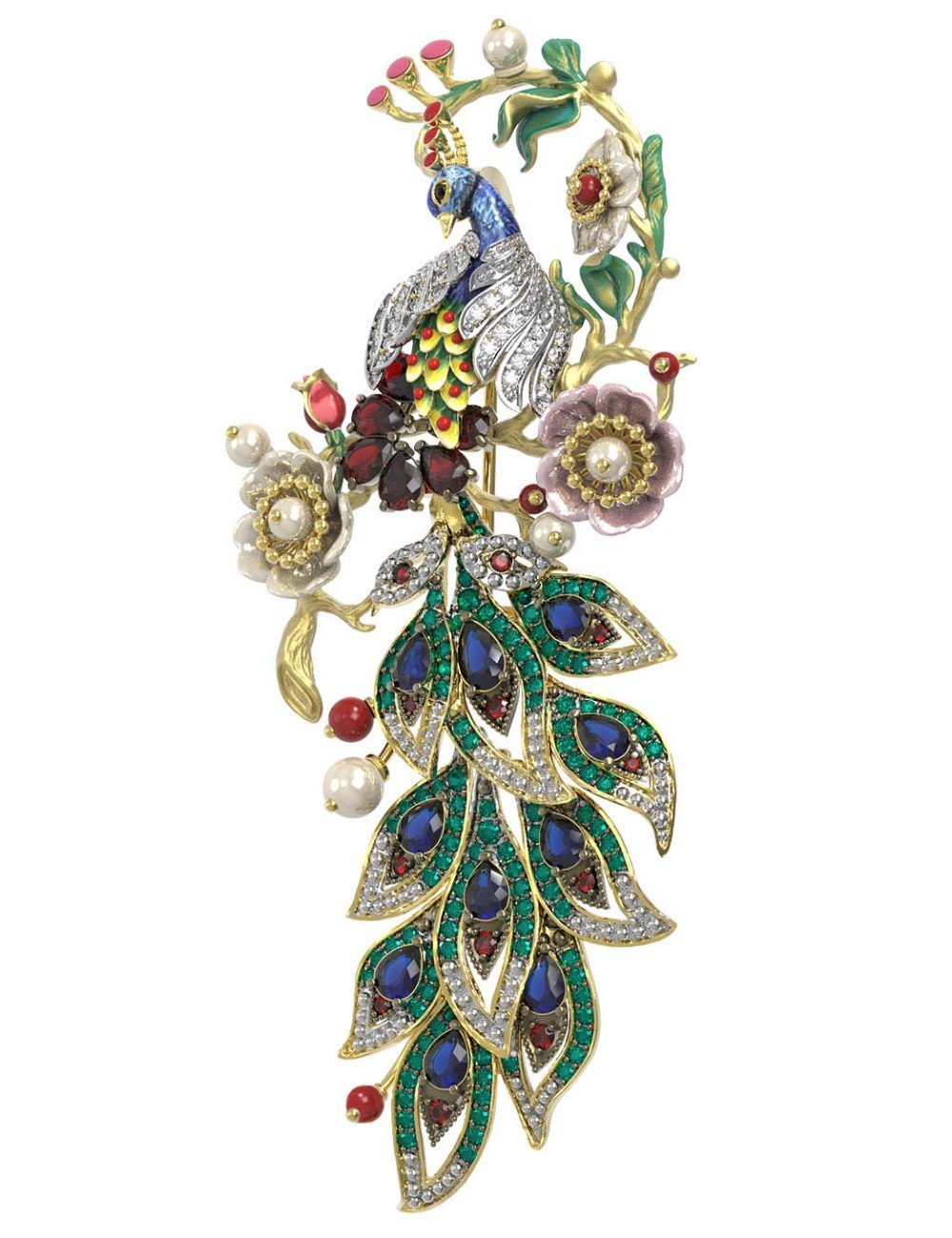 Брошь из лимонного золота c эмалью, фианитом, гранатом, жемчугом, сапфиром, кораллом и перламутром