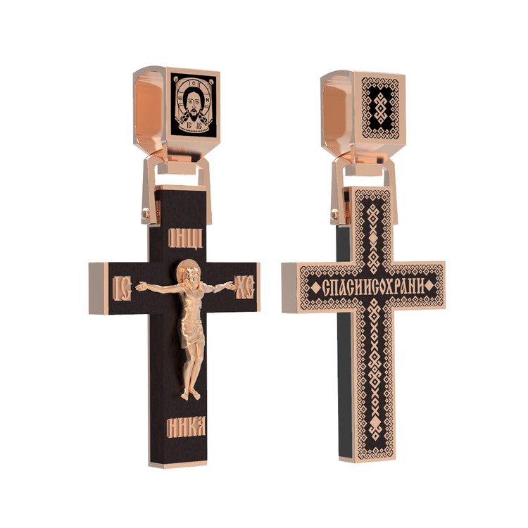 Крест из красного золота 585 пробы c эмалью и эбеновым деревом