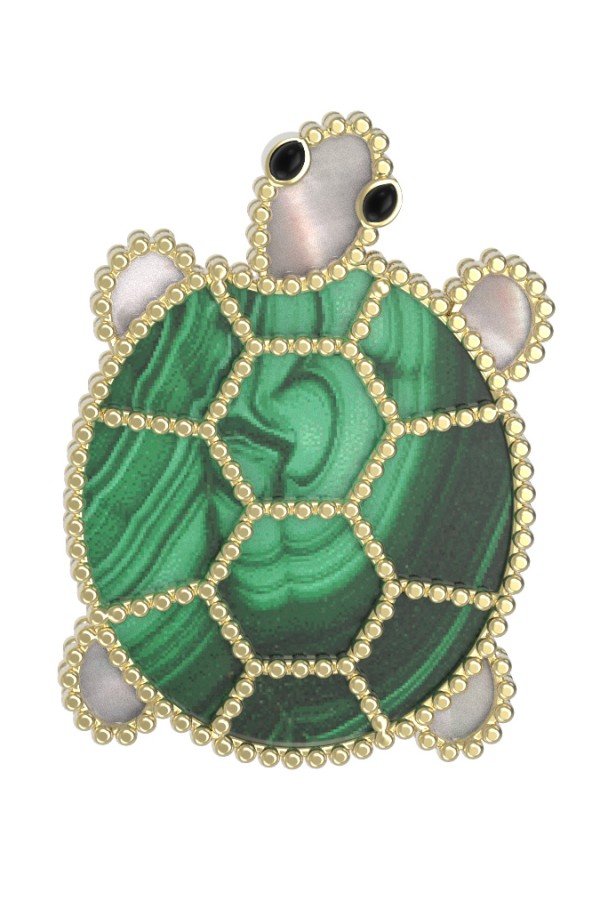 Брошь из лимонного золота c эмалью, малахитом и перламутром