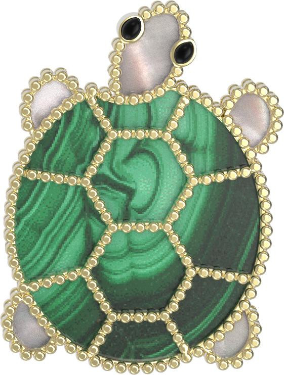 Брошь из лимонного золота 585 пробы c эмалью, малахитом и перламутром