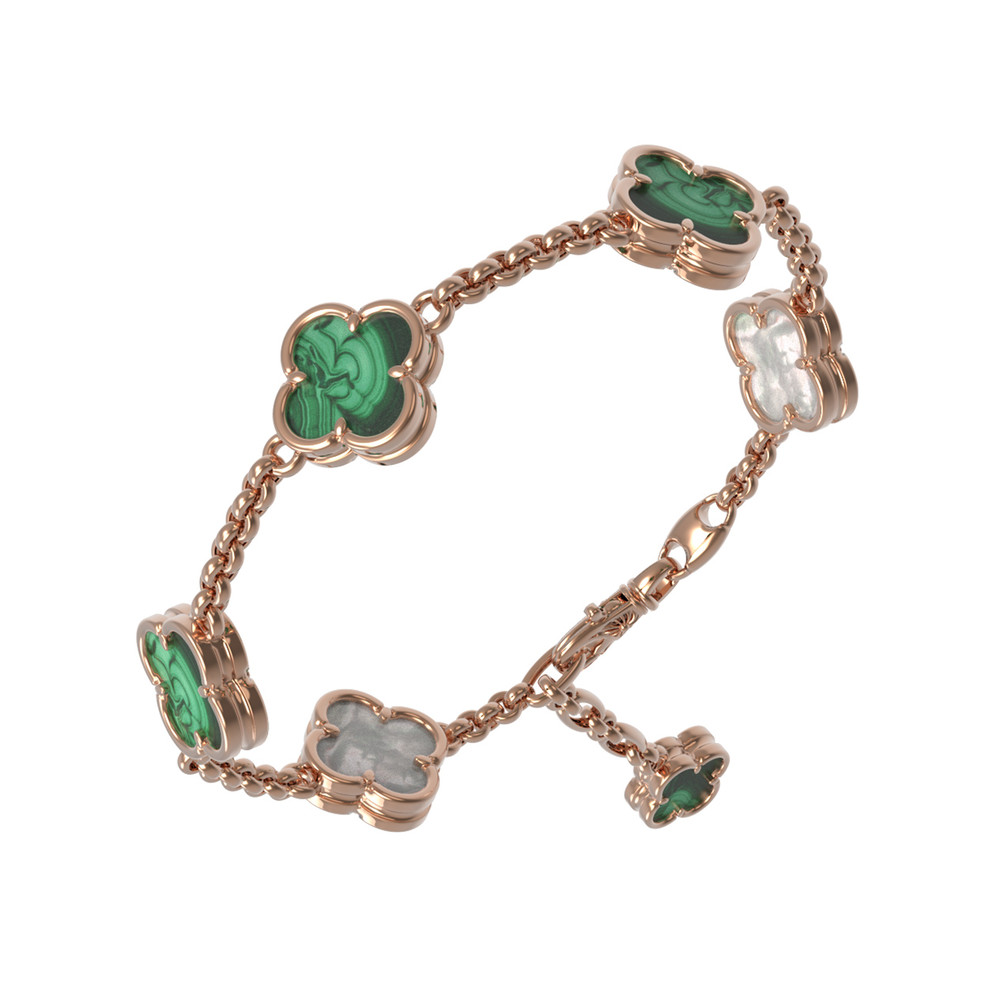 Браслет из красного золота 585 пробы c малахитом и перламутром