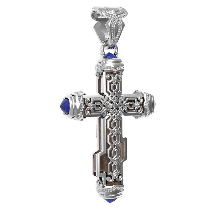 Крест из белого золота 585 пробы c лазуритом и железным деревом