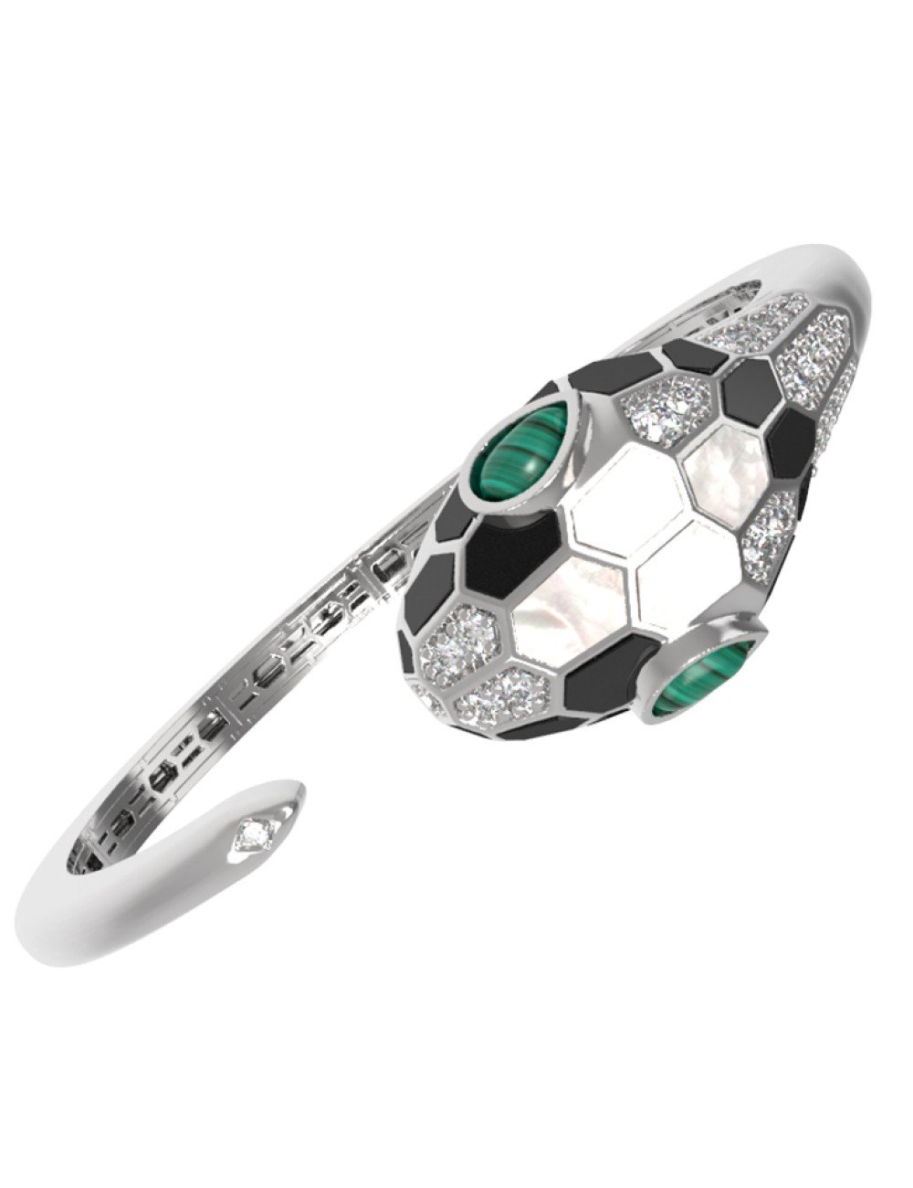 Браслет из белого золота c бриллиантами, рубином, ониксом, малахитом и перламутром