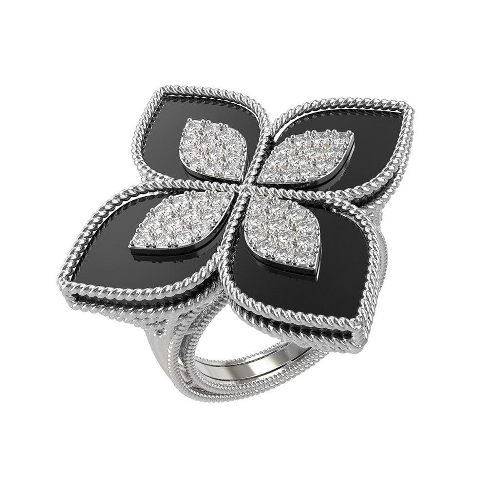 Кольцо из белого золота 585 пробы c бриллиантами и ониксом