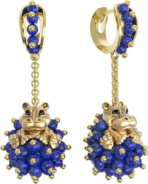 Серьги из лимонного золота 585 пробы c эмалью и лазуритом