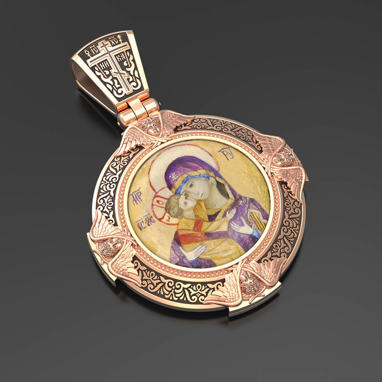 Нательная икона из красного золота 585 пробы c эмалью, иконописью и темперой