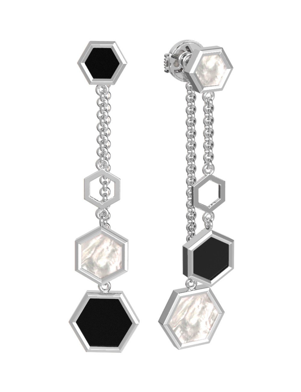 Серьги из белого золота c ониксом и перламутром