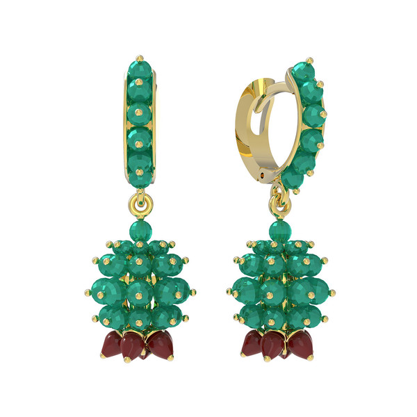 Серьги из лимонного золота 585 пробы c гранатом, хризопразом и кораллом