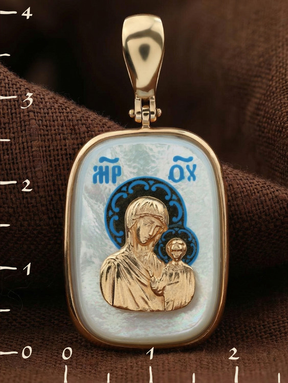 Нательная икона из красного золота 585 пробы c эмалью и перламутром