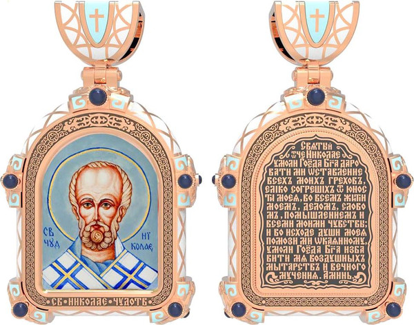 Нательная икона из красного золота 585 пробы c эмалью, иконописью и темперой
