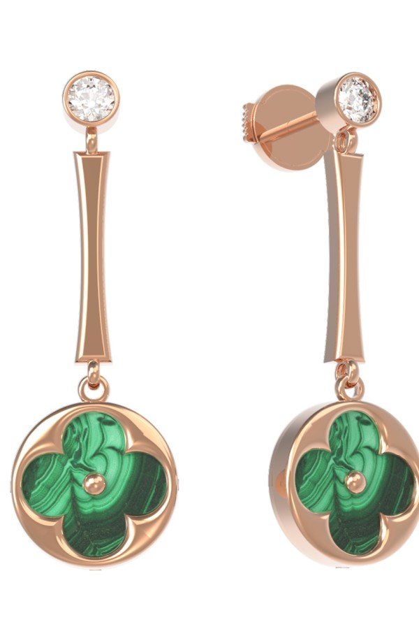 Серьги из золота c фианитом и малахитом