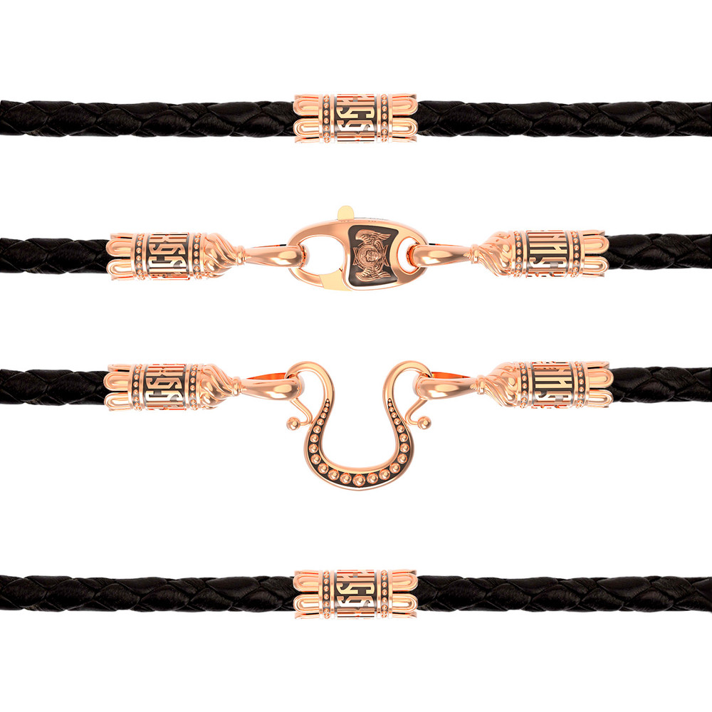 Цепь-шнурок кожа из красного золота 585 пробы c кожаным шнурком