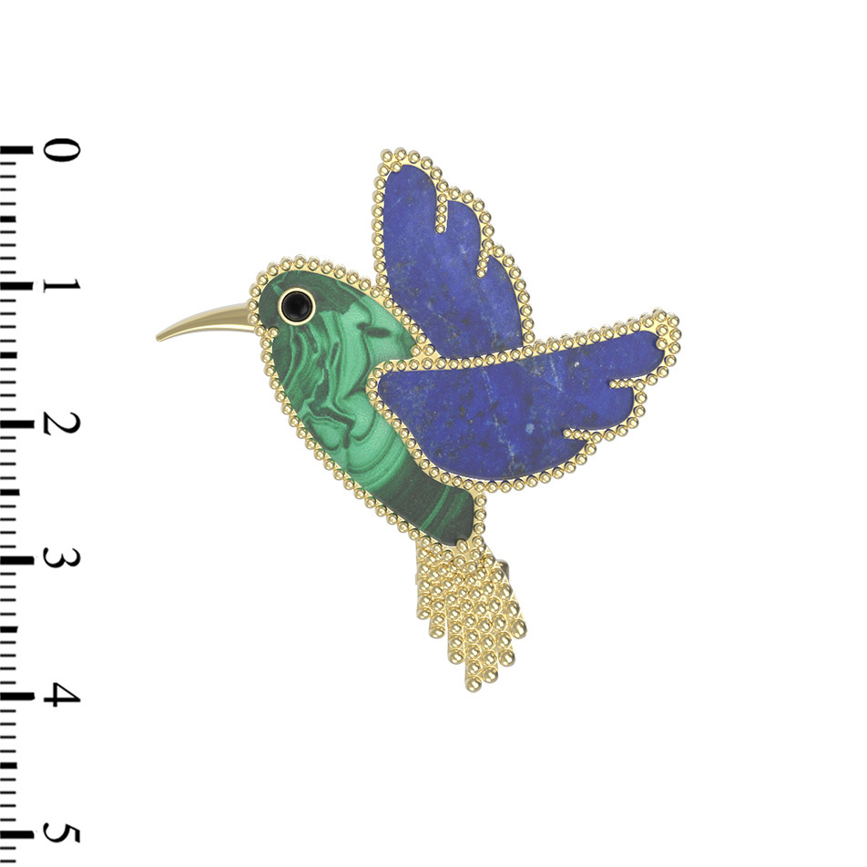 Брошь-подвеска из лимонного золота 585 пробы c эмалью, лазуритом и малахитом