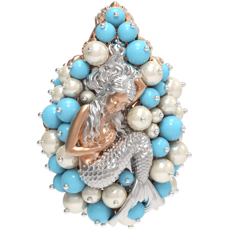 Подвеска из красного золота 585 пробы c жемчугом и бирюзой