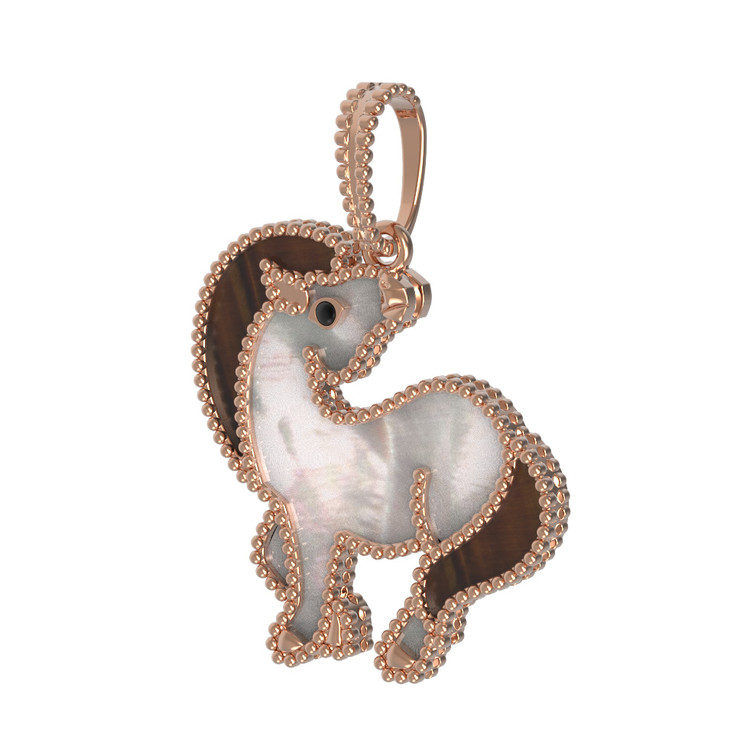 Подвеска из красного золота 585 пробы c эмалью, тигровым глазом и перламутром