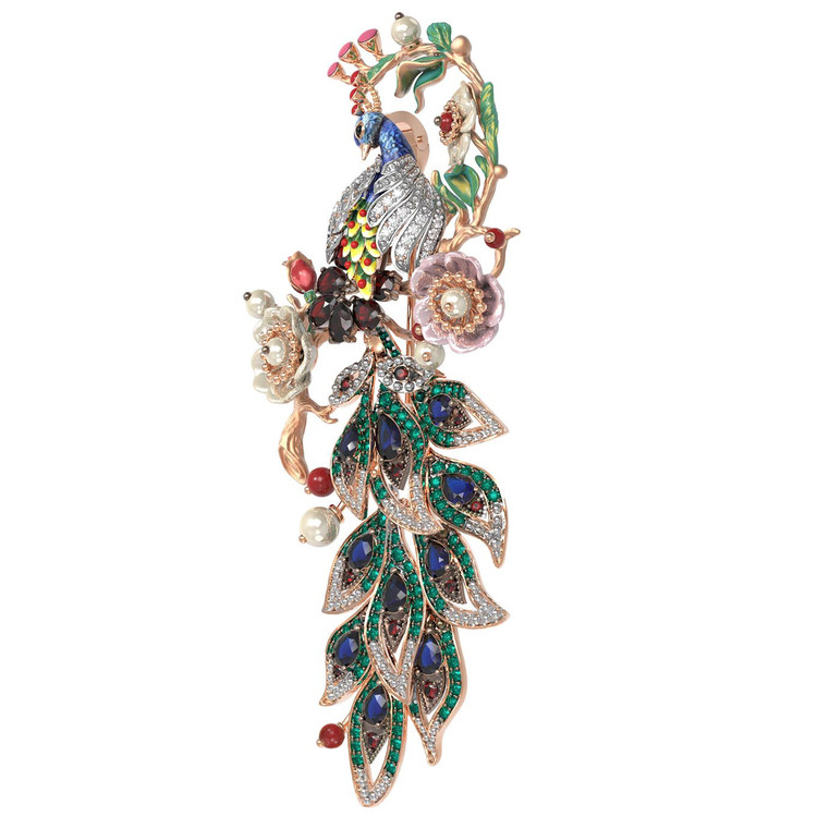 Брошь-подвеска из красного золота 585 пробы c эмалью, фианитом, гранатом, жемчугом, сапфиром, кораллом и перламутром